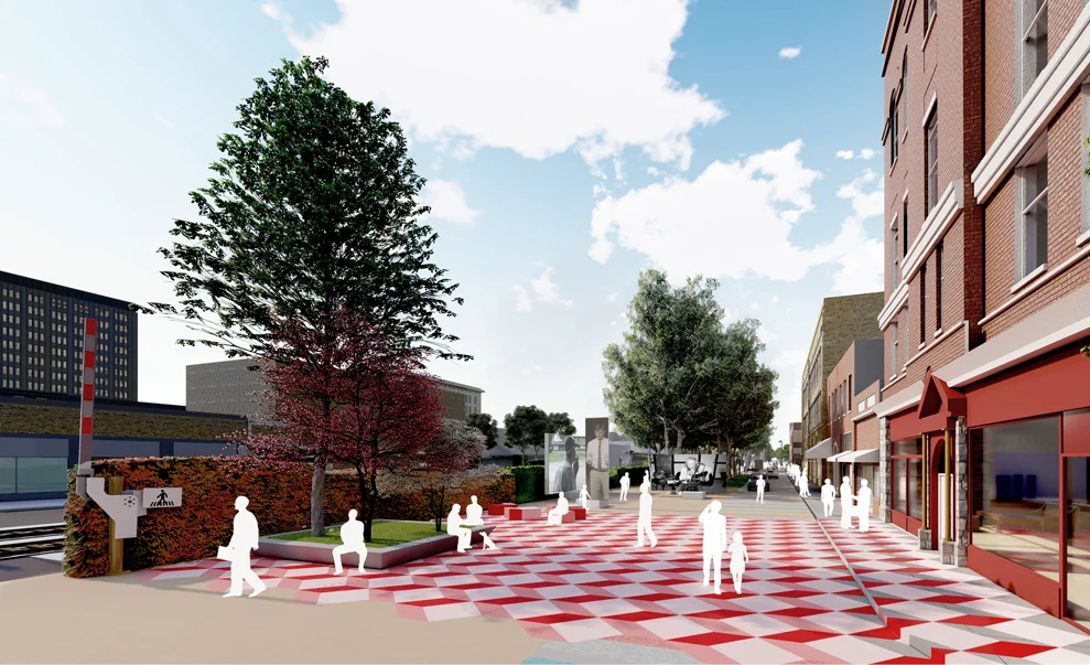 Wide sidewalks, attractive new plantings, public art and highlighted architecture all lend to the overall ambiance of Pine Bluffís envisioned downtown.